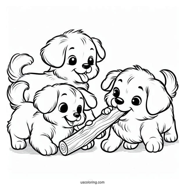 Three Dogs Playing With Large Stick