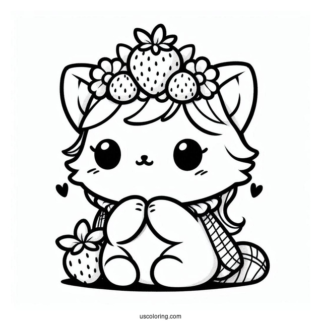 Cat Wearing A Strawberry Headdress Coloring Page