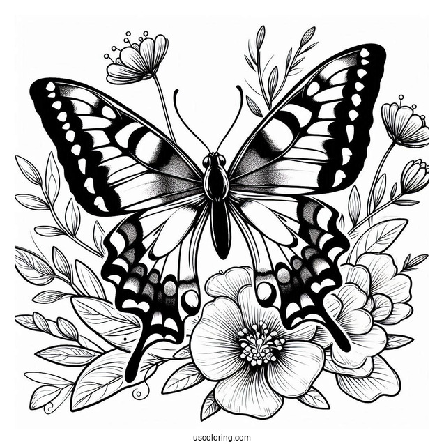 Swallowtail Butterfly Coloring Page Perched On Flowers And Leaves