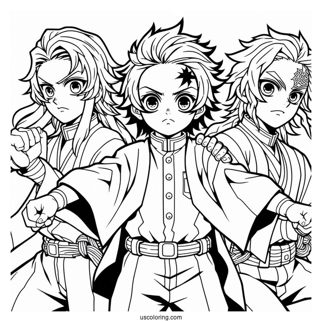 Tanjiro Coloring Page Fighting Alongside Zenitsu Agatsuma And Inosuke Hashibira
