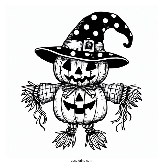 Jack O Lantern Scarecrow Coloring Page Wearing A Polka Dot Witch Hat