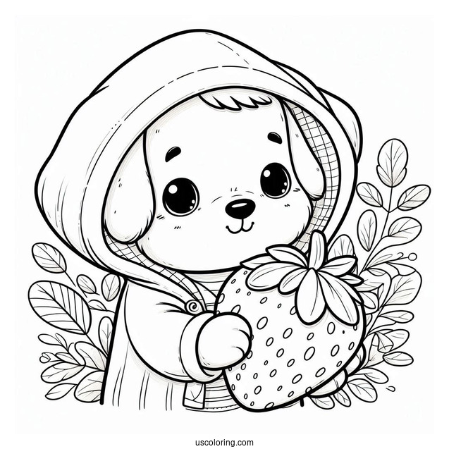 Cute Coloring Page Of Dog In A Hoodie Holding A Large Strawberry