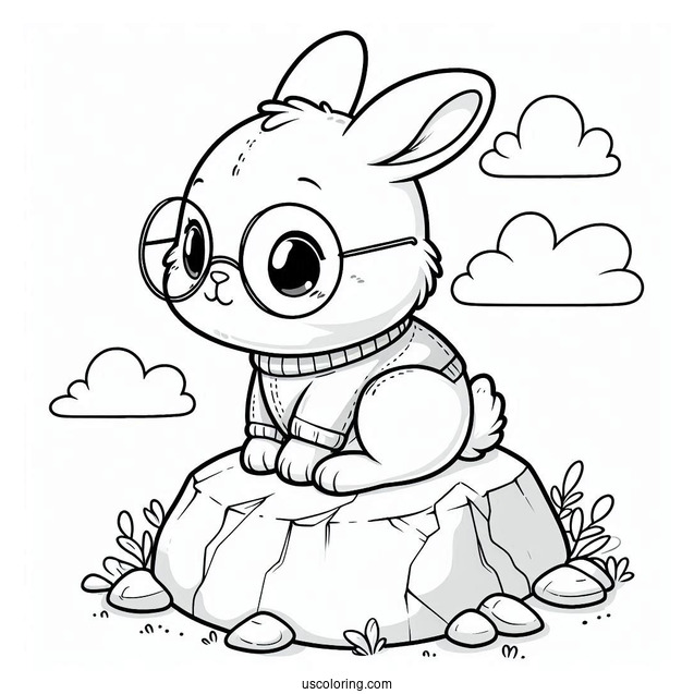 Nerdy Rabbit Coloring Page Sitting On A Rock For Kids