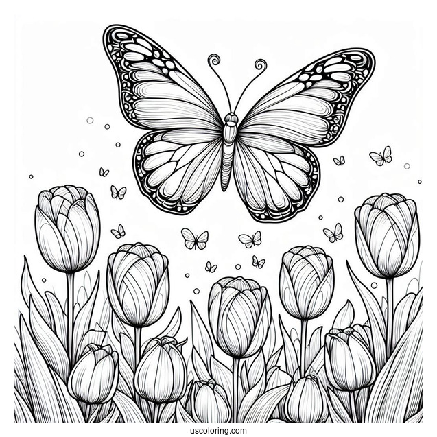 Butterfly Flying Over Field Of Tulips