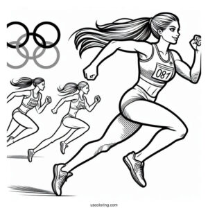 Athlete Running With Olympics Coloring Page Of Logo Above Her