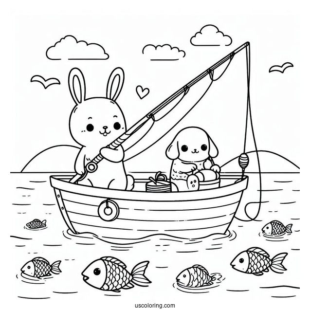 Cute Animals Fishing Coloring Page On A Boat At Sea For Kids
