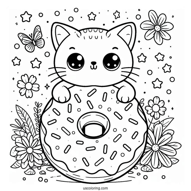 Cute Coloring Page Adorable Cat With A Giant Donut