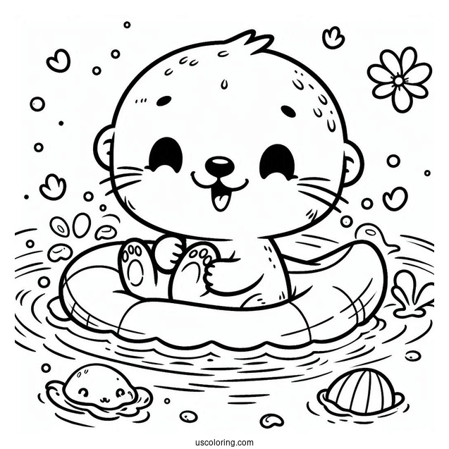 Kawaii Otter Coloring Page Holding Hands While Floating On River