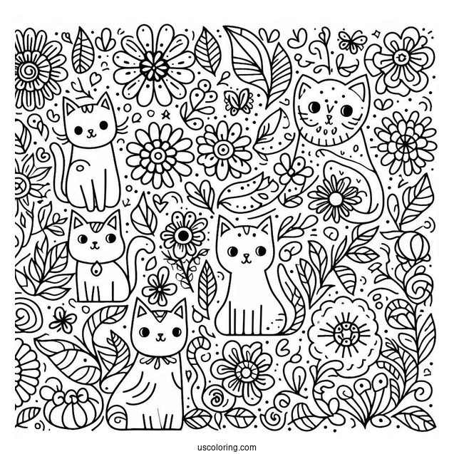 Cats And Flowers Pattern Coloring Page