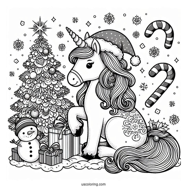 Unicorn With Santa Snow Flakes And Candy Cane