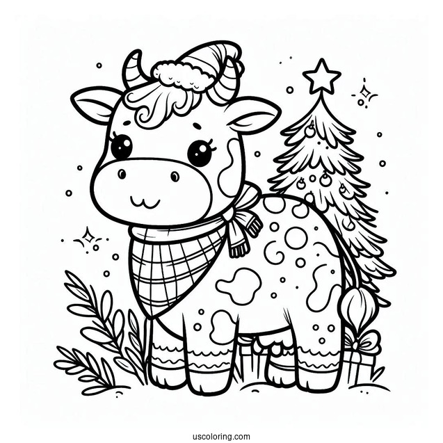 Christmas Themed Cow Coloring Page