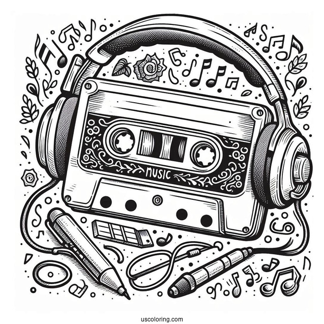 Music Coloring Page Of Retro Cassette Tape With Headphones