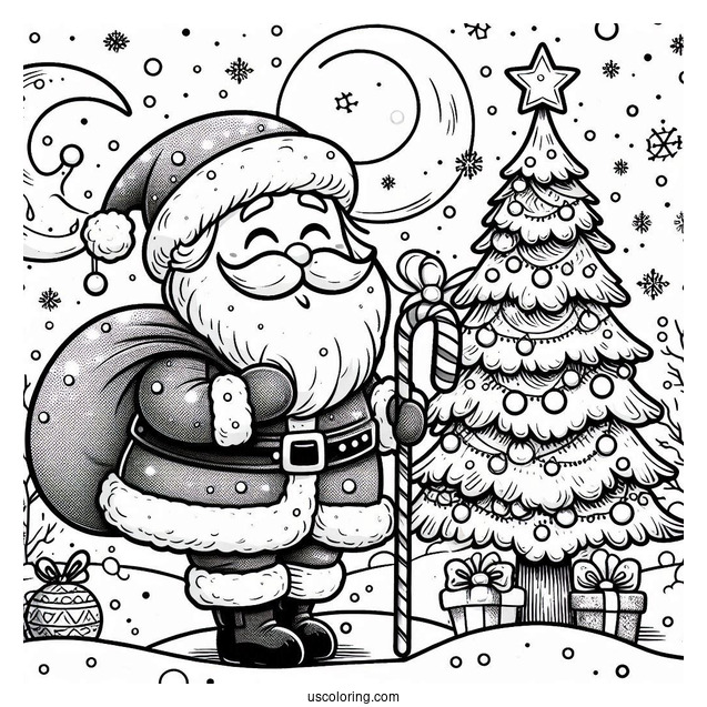 New Year Coloring Page Of Santa Claus Beside A Christmas Tree On Snowy Night