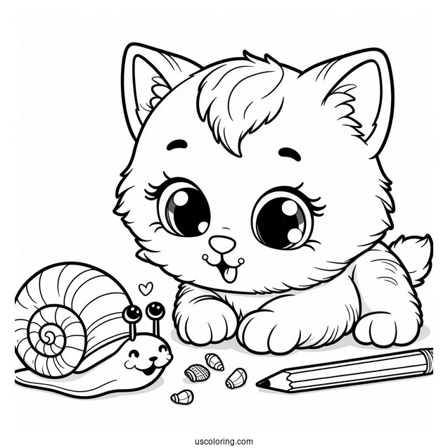 Coloring Sheet Of Kitten Playing With Snails