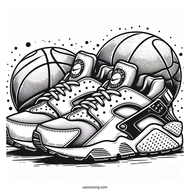 Pair Of Nike Coloring Page Of Air Huarache With Basketballs