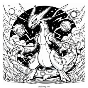Detailed Mega Rayquaza Coloring Page Surrounded By Electricity