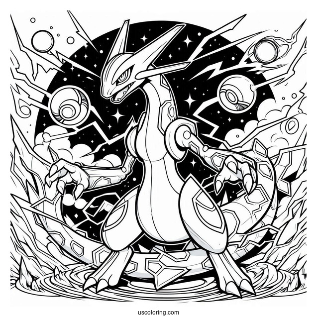 Detailed Mega Rayquaza Coloring Page Surrounded By Electricity