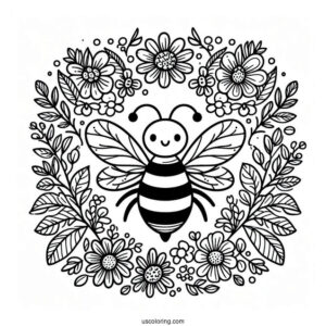 Bee Coloring Page Of Surrounded By Flowers And Leaves
