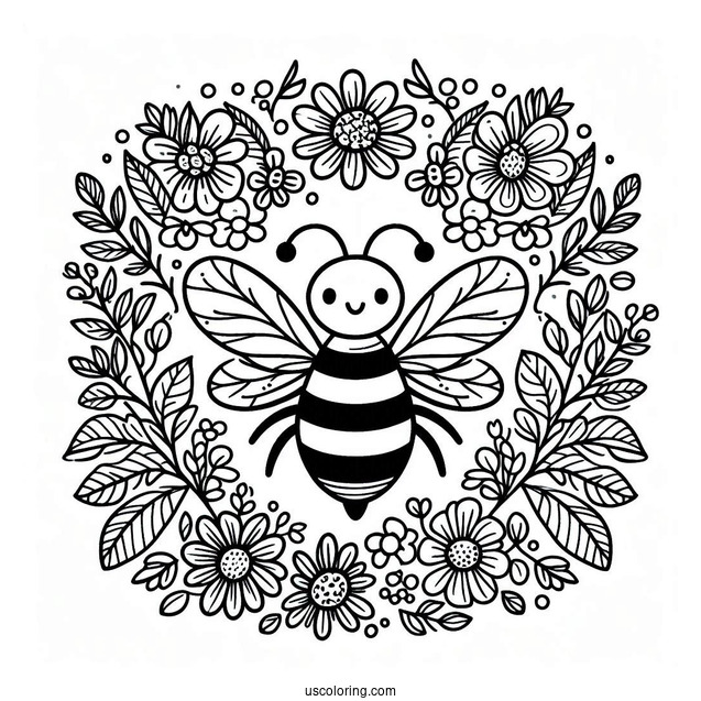 Bee Coloring Page Of Surrounded By Flowers And Leaves