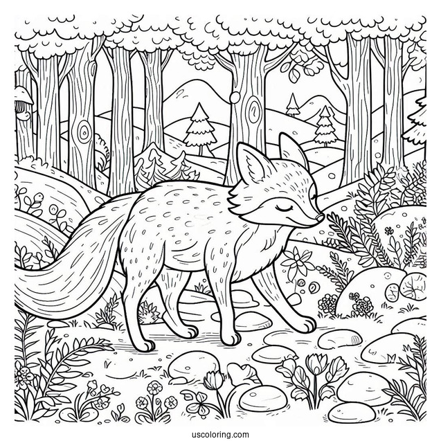 Fox Coloring Page Walking In The Forest