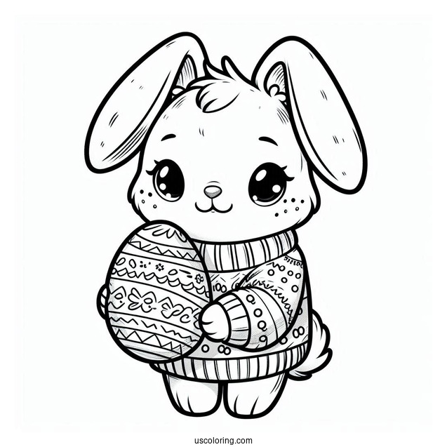 Pretty Bunny In Sweater Holding A Large Easter Coloring Page Of Egg