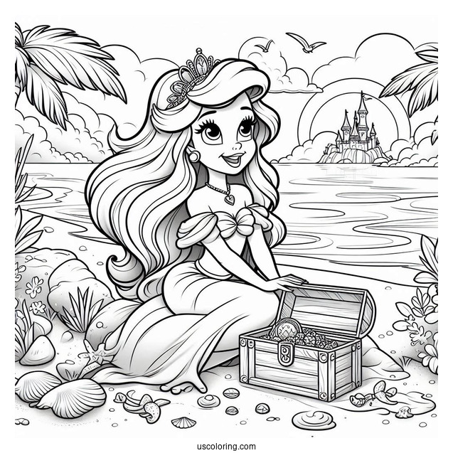 Palace Pets Coloring Page Of Ariel At The Beach With Treasure