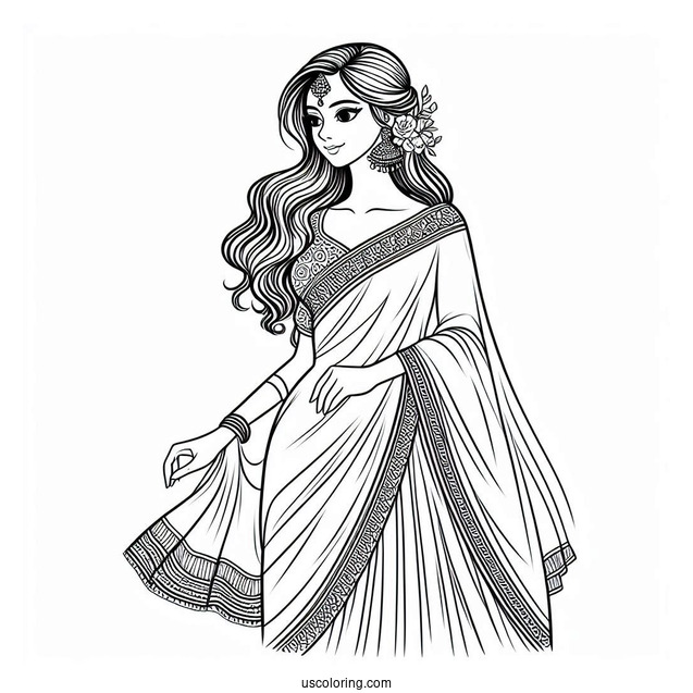 Indian Woman Wearing Elegant Sari Dress Coloring Page