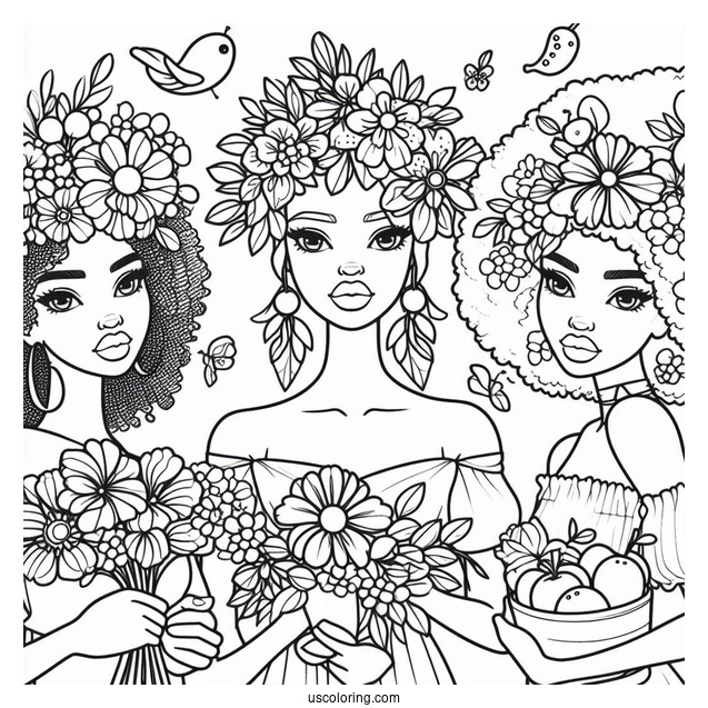 Cute Coloring Page Fashionable Women Holding Flowers And Fruits