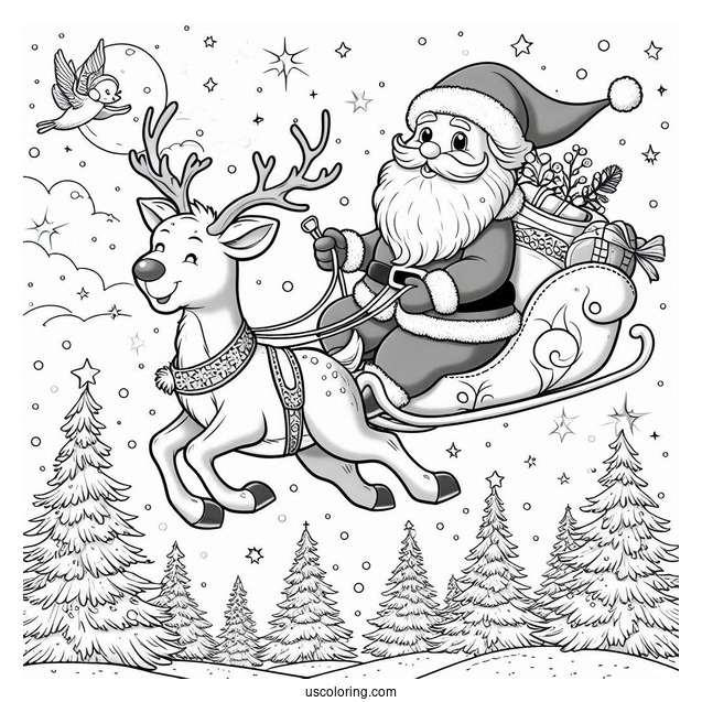 Santa Flying In The Sky With His Reindeer To Color