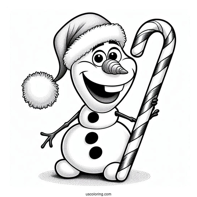 Olaf Wearing Santa Hat With Candy Cane To Color