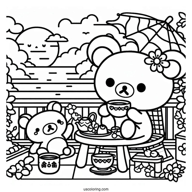 Rilakkuma Coloring Page Having Tea With Kiiroitori In The Balcony