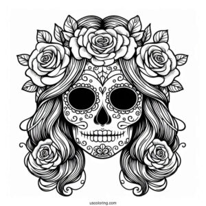 Smiling Female Sugar Skulls Coloring Page With Roses In The Eyes