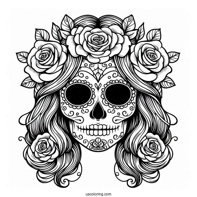 Smiling Female Sugar Skulls Coloring Page With Roses In The Eyes