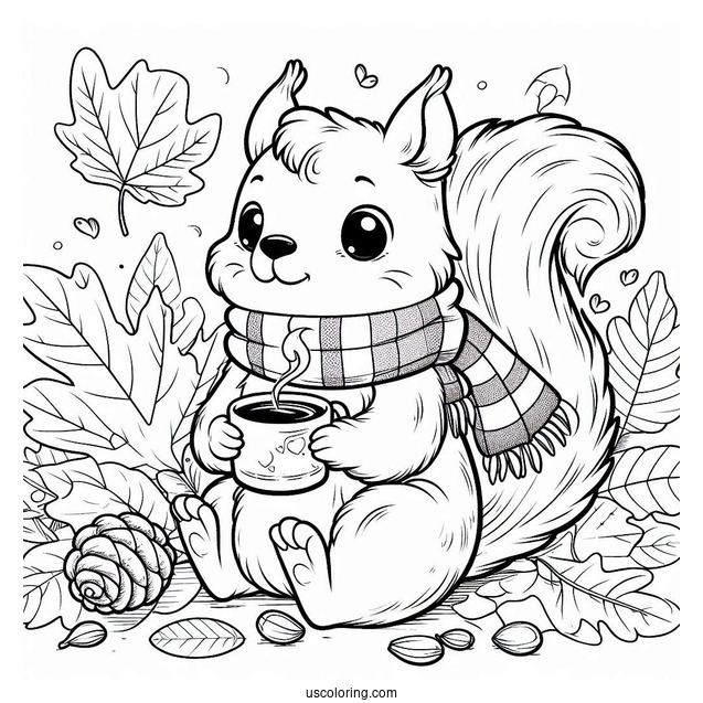 Squirrel Coloring Page Sitting On Fall Leaves With Scarf And Hot Drink