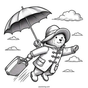 Paddington Coloring Page Flying In The Sky With His Umbrella And Suitcase