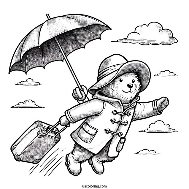 Paddington Coloring Page Flying In The Sky With His Umbrella And Suitcase