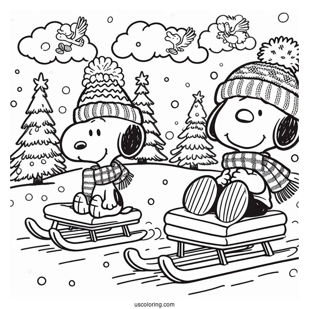 Woodstock And Snoopy Sledding During Christmas