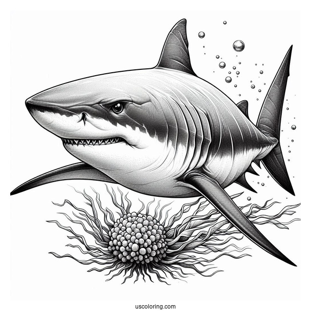 Close Up Of Realistic Great White Shark Coloring Page