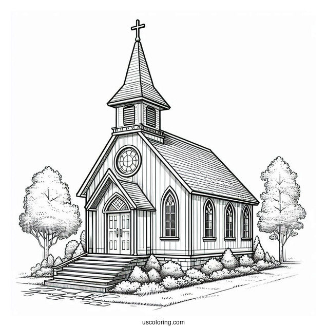 Angled View Of A Small Church Coloring Page Building