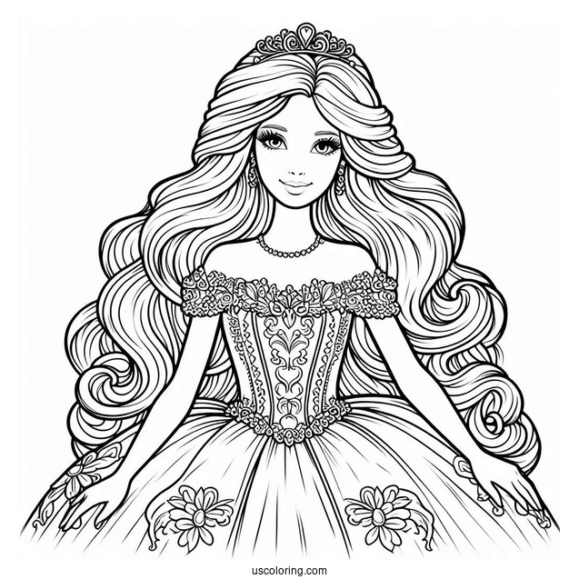 Princess Barbie In Gown Coloring Page