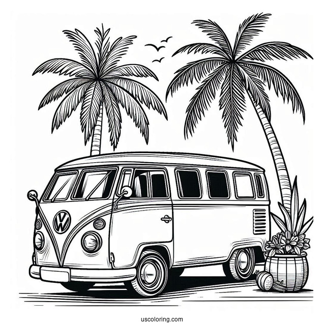 Volkswagen Van Next To A Palm Tree Summer Coloring Page
