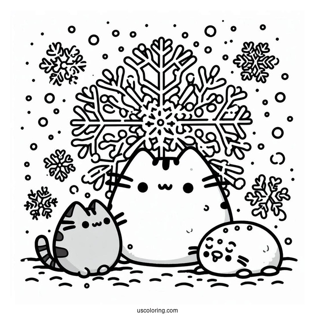 Snowflake Coloring Page Falling On Pusheen, Stormy, And Snowman