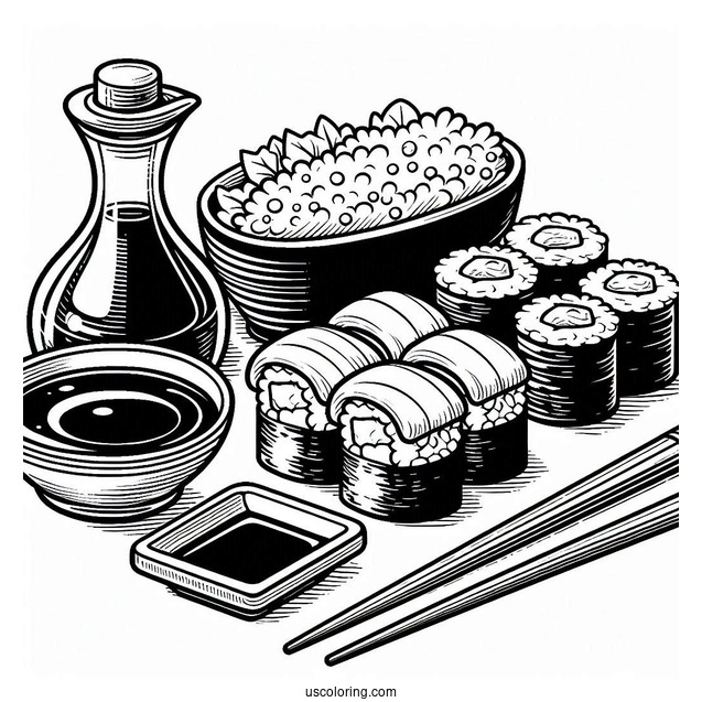 Uramaki, Nigiri, And Temari Sushi Coloring Pages With Chopsticks And Soy Sauce