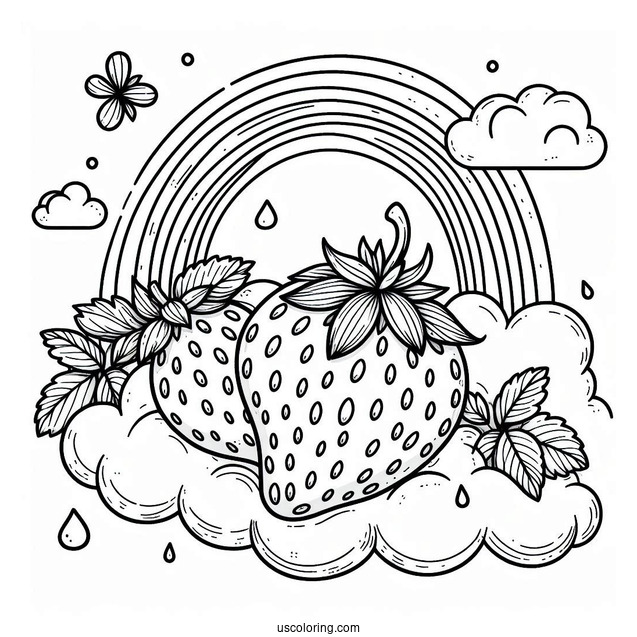 Strawberry Coloring Page On A Cloud Sliding Down A Rainbow