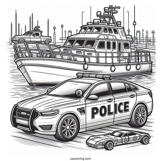 Police Car Coloring Page Parked On A Port Beside A Police Boat