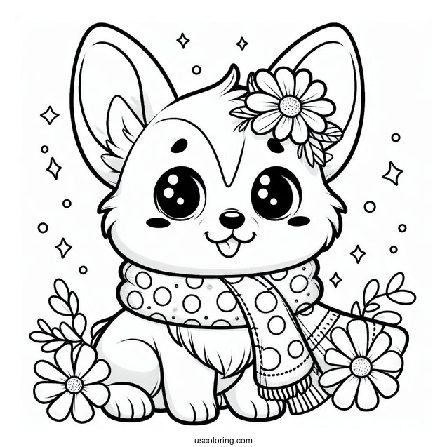 Kawaii Corgi Coloring Page Wearing Polka Dot Scarf For Kids