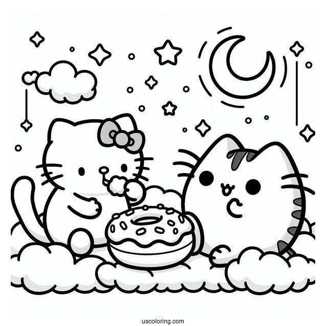 Hello Kitty And Pusheen Eating Donut On Clouds