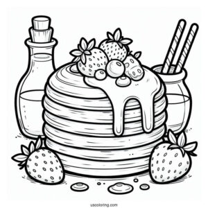 Fluffy Pancake Coloring Page With Strawberry, Blueberry, And Syrup For Kids