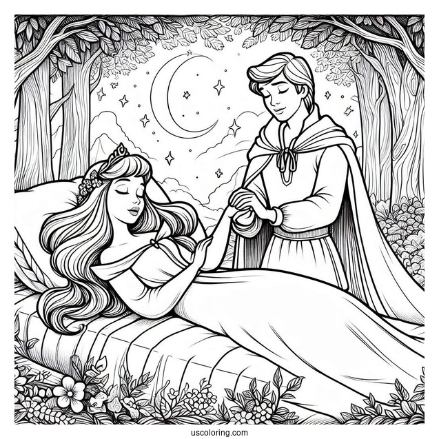 Sleeping Beauty Coloring Page Of Prince Philip Courting Aurora In The Forest