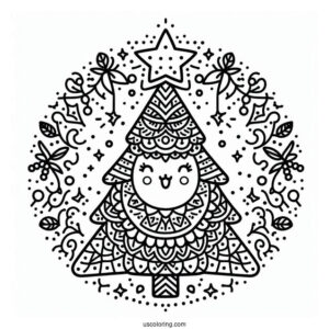 Christmas Mandala Coloring Page Of Kawaii Christmas Tree With Large Star Mandala For Kids